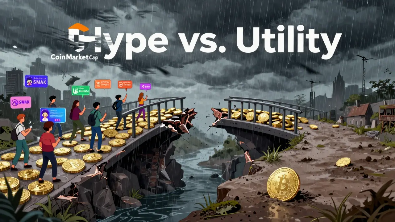 A broken bridge of crypto tokens between hype and utility, with one side thriving and the other side abandoned and overgrown.