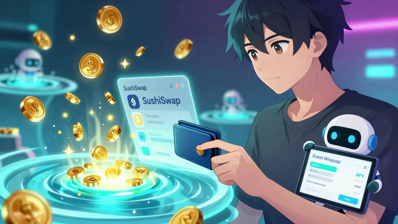 A character connecting a wallet to SushiSwap v3 on Polygon, with SUSHI tokens raining down from liquidity pools.