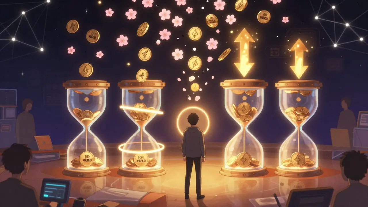 A character locking VELO tokens into a four-year hourglass with bribe rewards raining around them.