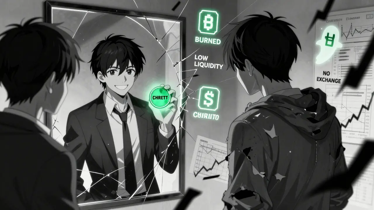 A cracked mirror shows two versions of a person: one hopeful with CHRETT, the other broken by its collapse.