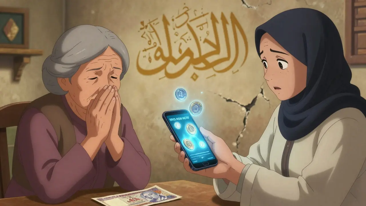 A family in Cairo receives crypto remittances, with Islamic calligraphy and digital currency on a smartphone screen.