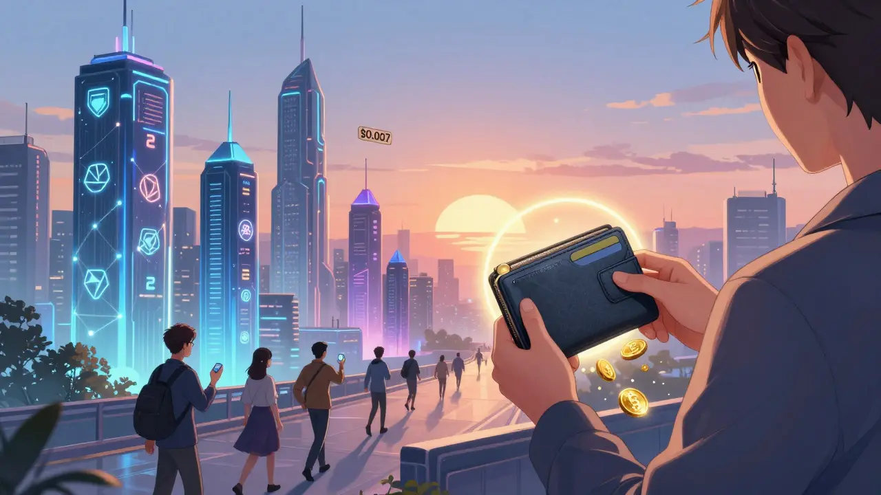 A futuristic city where Layer 2 blockchains glow with low fees and reward points rain gently from a wallet.