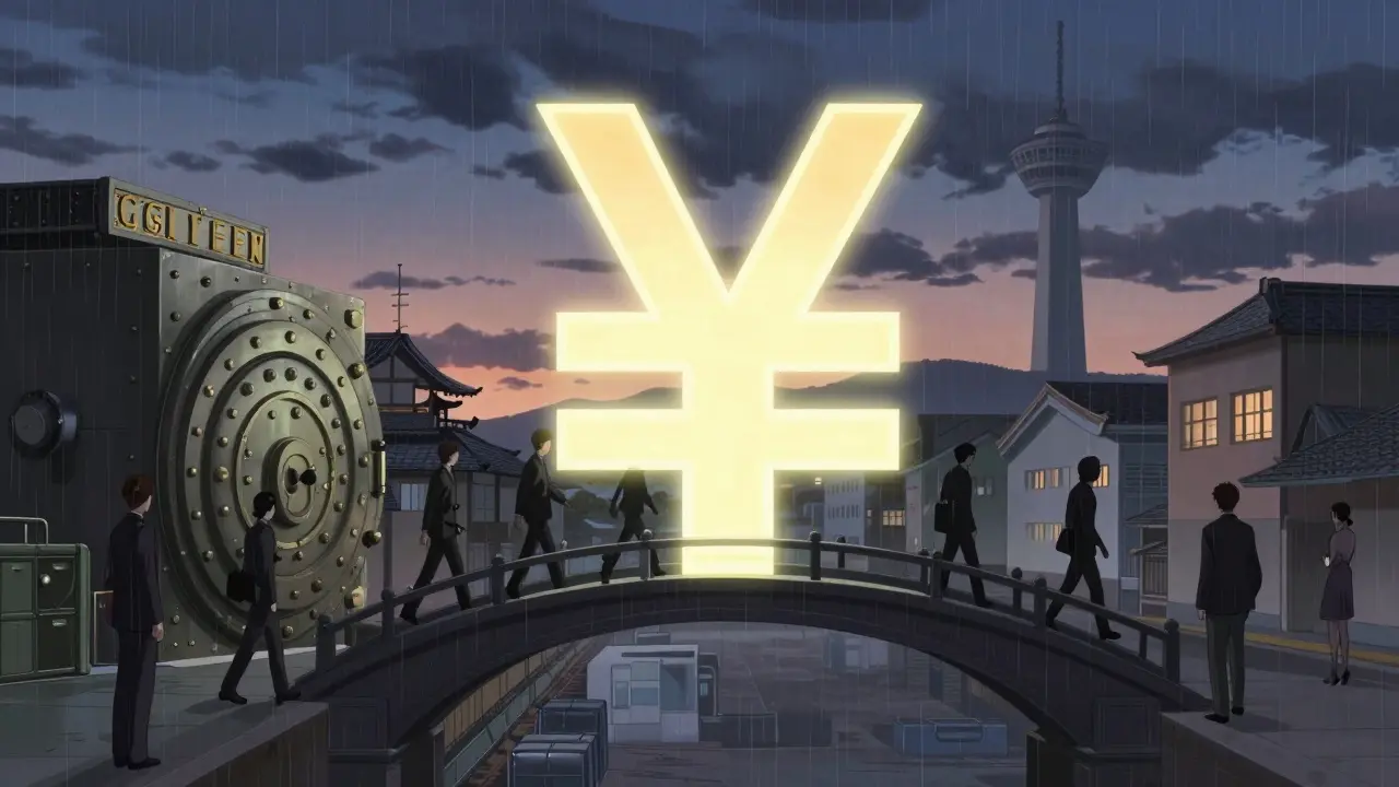 A glowing GYEN bridge connects a bank vault to a digital wallet, while retail users watch as a central bank CBDC looms in the distance.