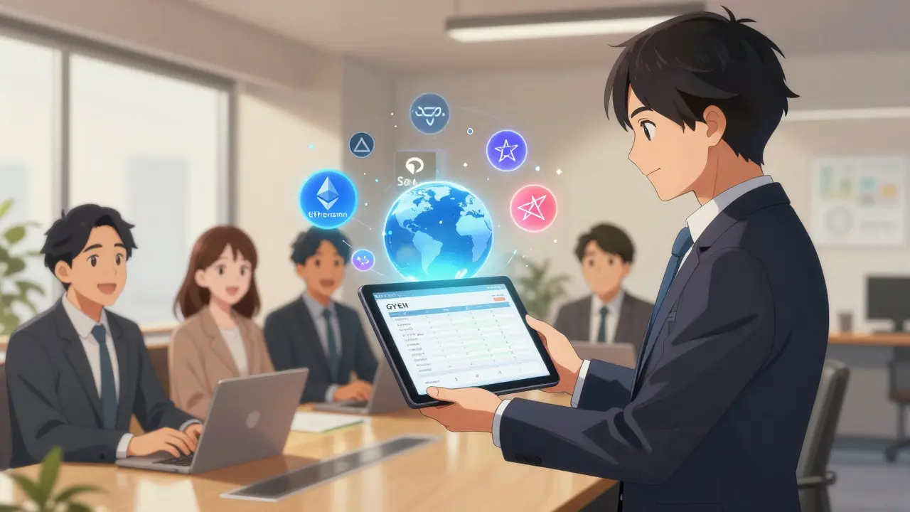 A Japanese businessperson shares GYEN transaction data with a global team via holographic blockchains in a modern office.