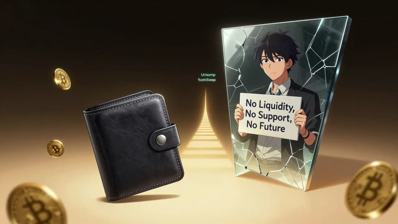 A lone wallet drifting in darkness with no buyers, reflecting a sign saying 'No Liquidity, No Support, No Future' while safe DEXs glow in distance.