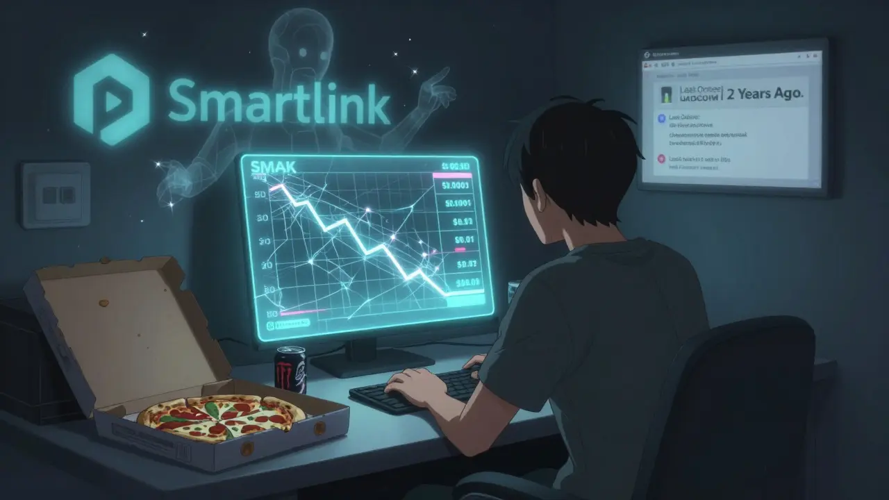 A lonely person staring at a collapsing SMAK token price on a cracked screen, ghostly Smartlink logo fading behind them.