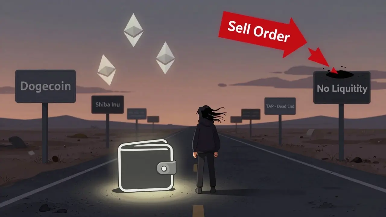 A lonely wallet stands on a deserted blockchain road with abandoned crypto signs under twilight skies.
