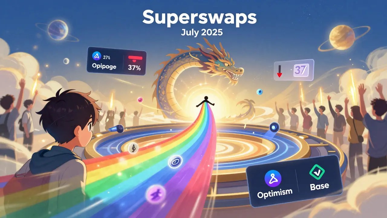 A seamless cross-chain token swap through a dragon-tail portal with slippage reduction visuals.