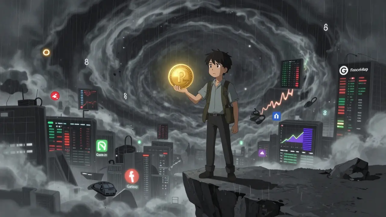 A trader on a ledge surrounded by wild price charts and flickering exchange icons