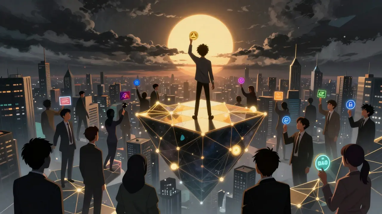 A young hero holds a DAO token as citizens ascend toward a blockchain city under a rising sun.