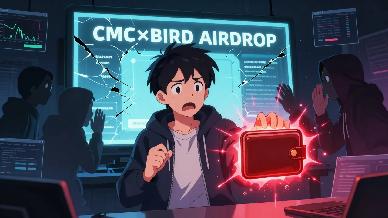 A young investor being misled by shadowy figures near a fake CMC×BIRD airdrop scam screen.
