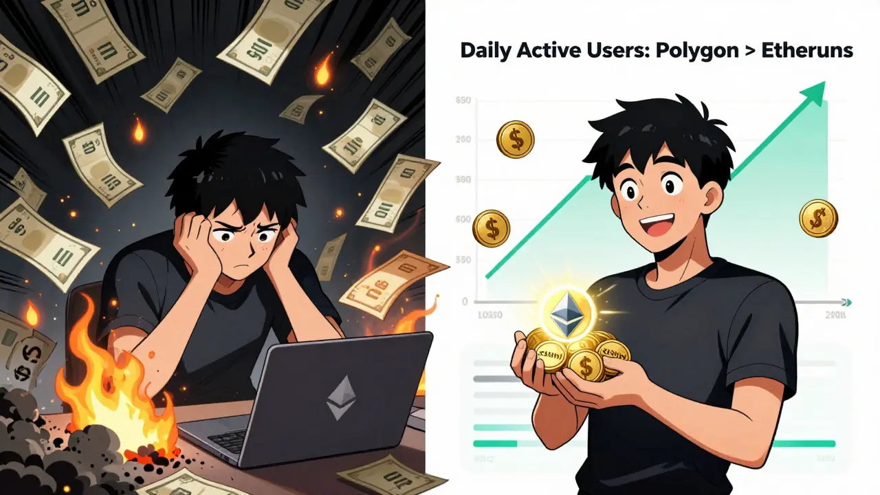 Contrasting scene: high Ethereum fees burning vs. low Polygon fees with SUSHI rewards glowing brightly.