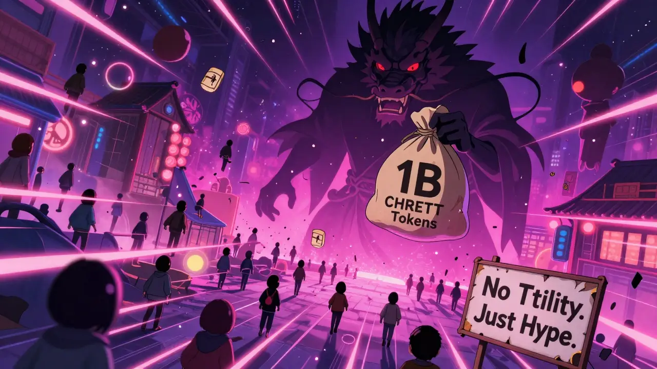 Faceless avatars scatter tiny transactions as a dragon-headed figure holds a sack of CHRETT tokens in a cyber marketplace.