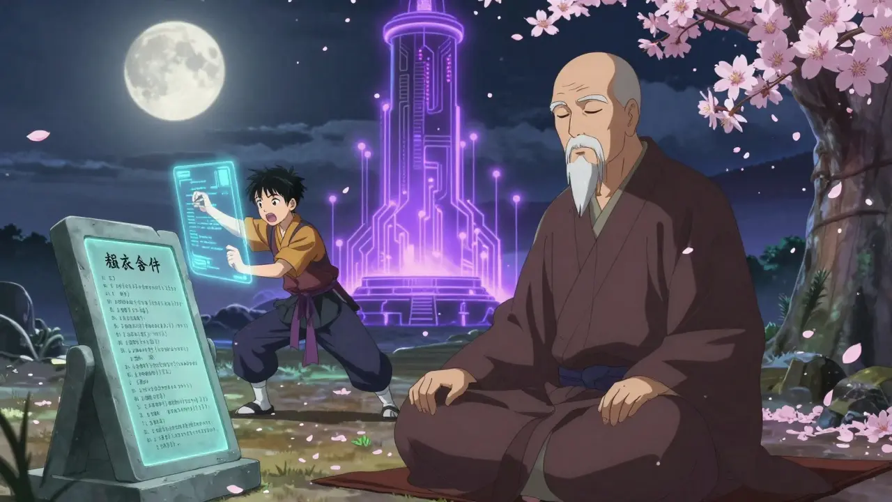 Martial arts monk meditating beside immutable code, while apprentice tries to rewrite it under quantum threat.