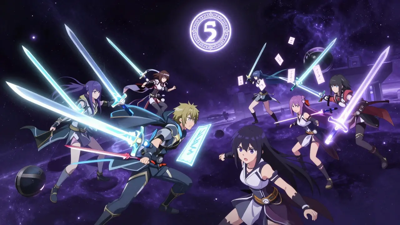 Players in a digital arena battling with holographic NFT weapons and voting ballots, final score settling on-chain.