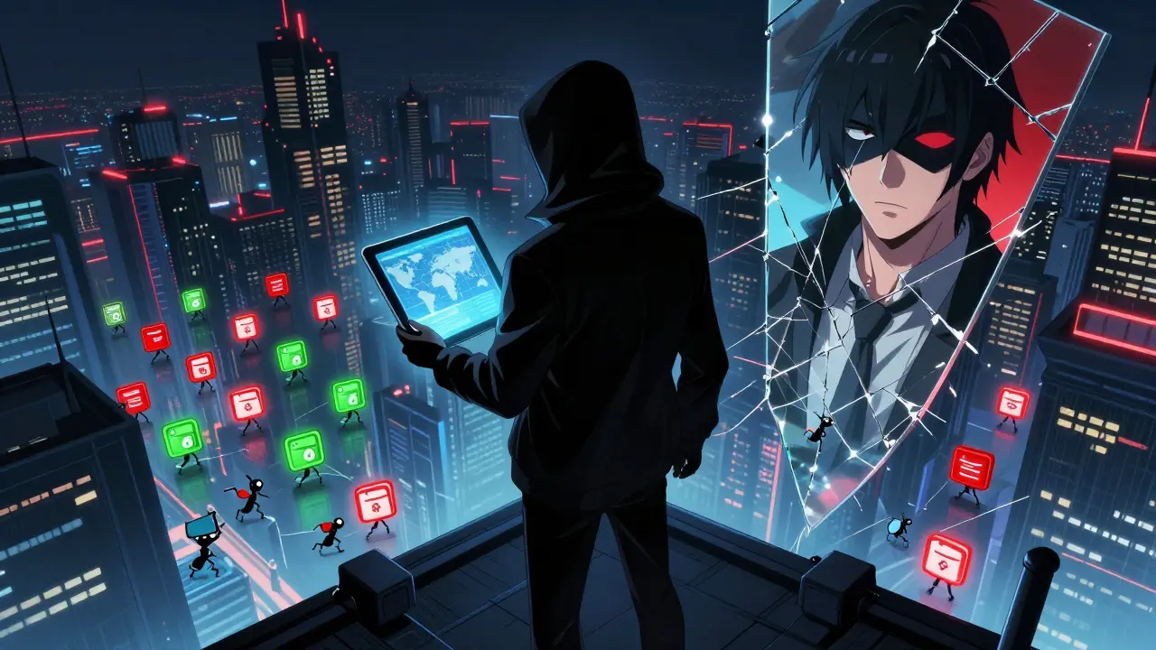Shadowy figure on a skyscraper holding a tablet showing global proxy nodes, with banned and successful trading bots below.