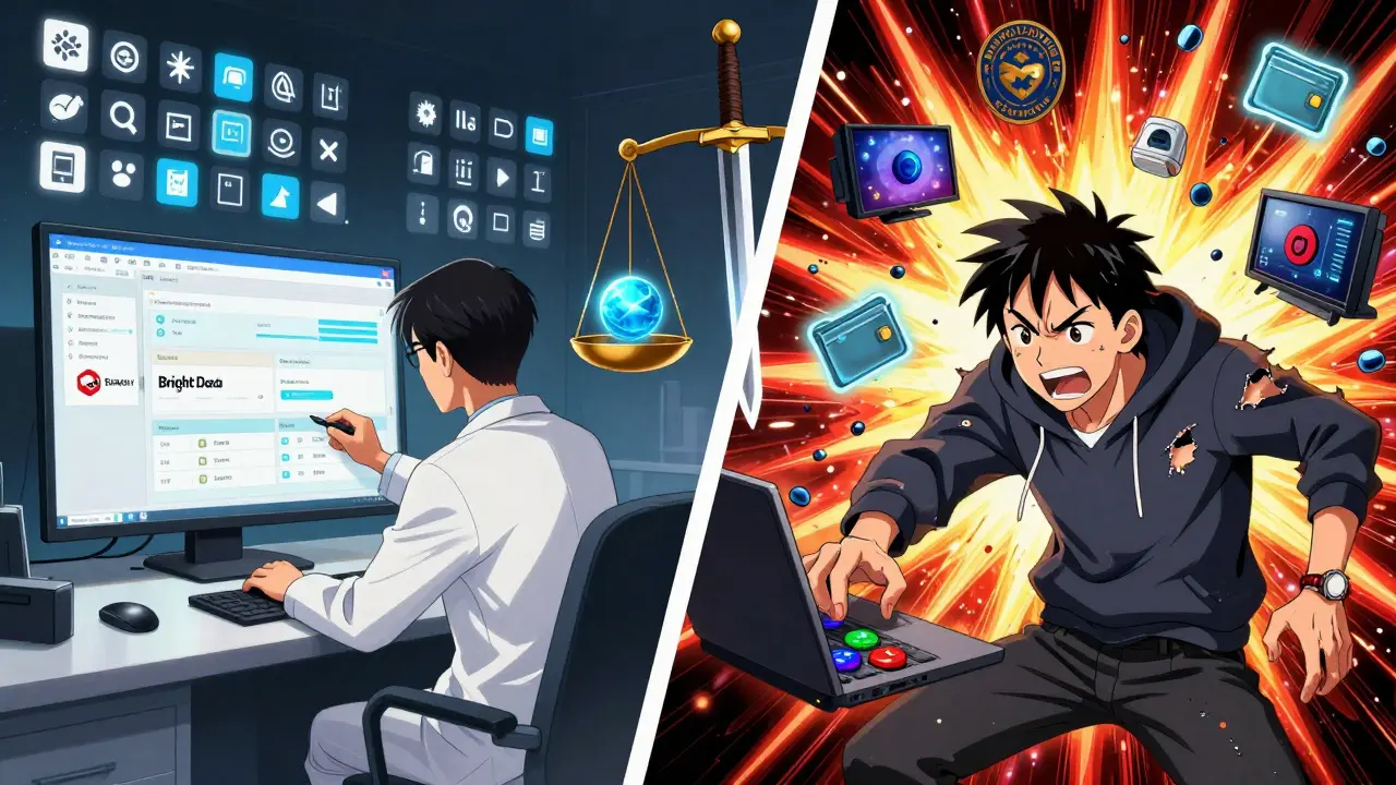 Split scene: disciplined trader using reputable proxies vs. reckless trader surrounded by exploding devices and frozen wallets.