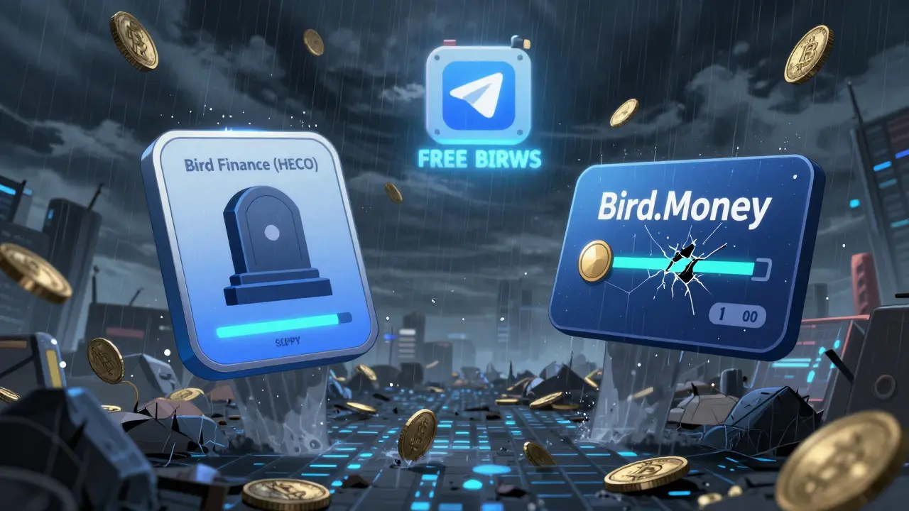 Two dead BIRD tokens sinking into a digital graveyard as a fake Telegram airdrop hovers above.