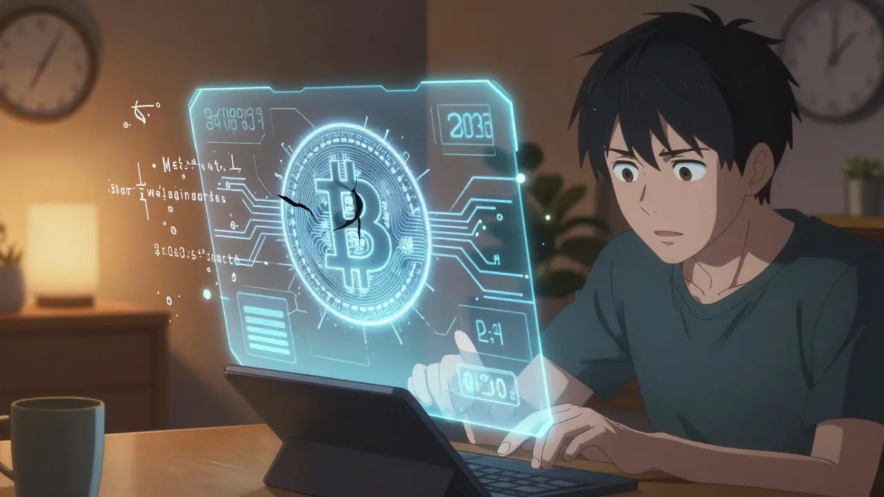 A Bitcoin wallet's exposed public key cracks open as quantum equations dissolve, while a user generates a new address on a tablet.