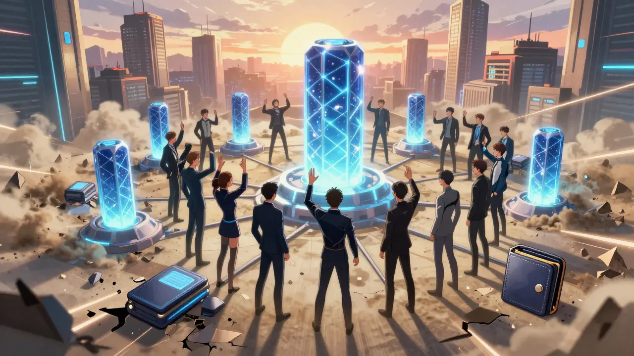 A blockchain network transforms from old vulnerable nodes to new quantum-resistant ones, with crypto leaders uniting as a lone wallet remains at risk.