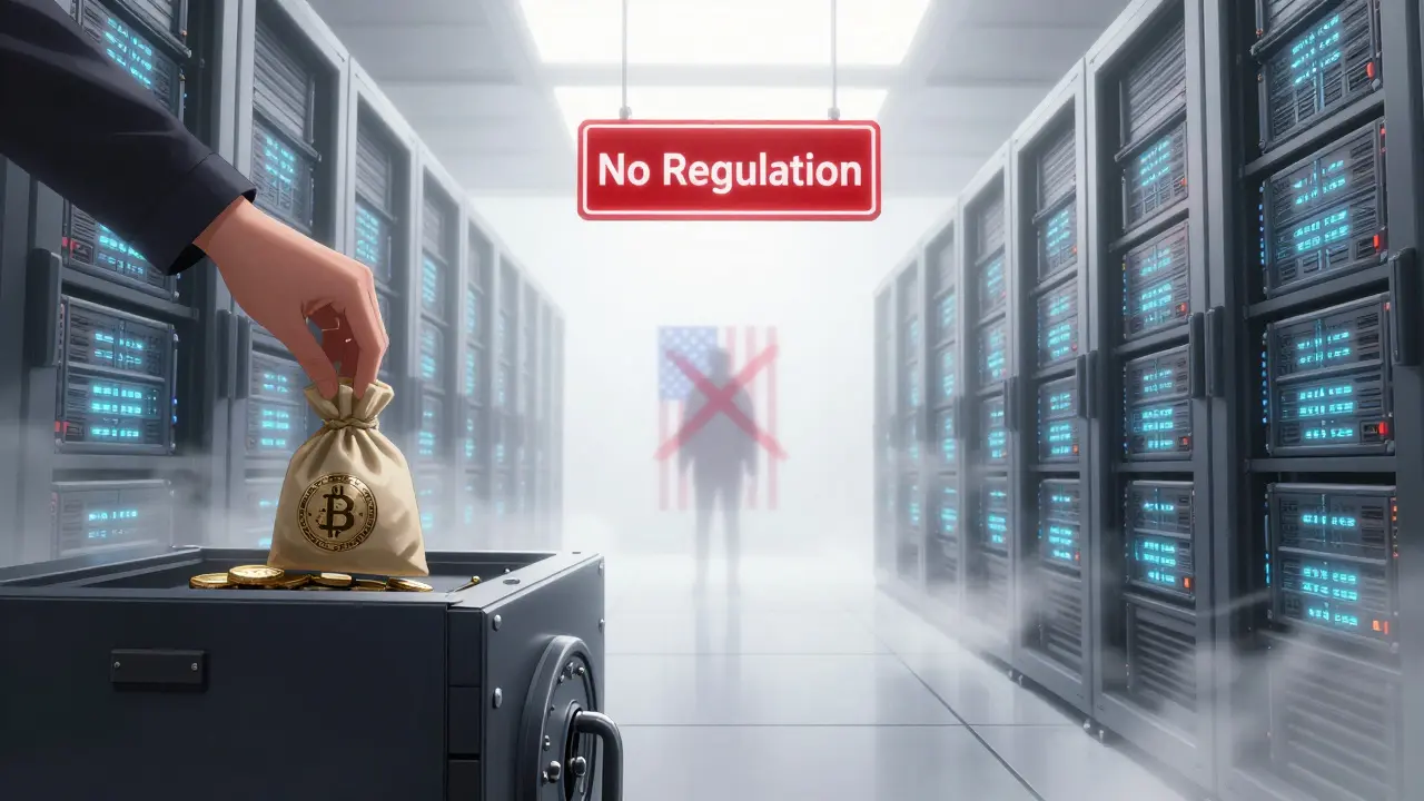 A cold storage server room with encrypted vaults and a warning sign reading 'No Regulation'.