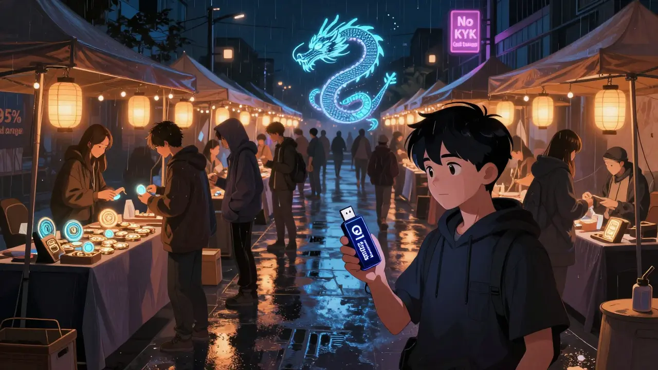 A cyber-flea market at night where users trade rare crypto tokens under glowing lanterns.