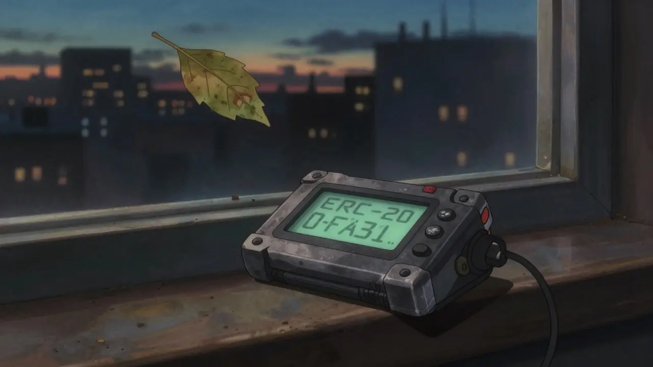 A dusty hardware wallet glows faintly with a LinkEye contract address at dusk.