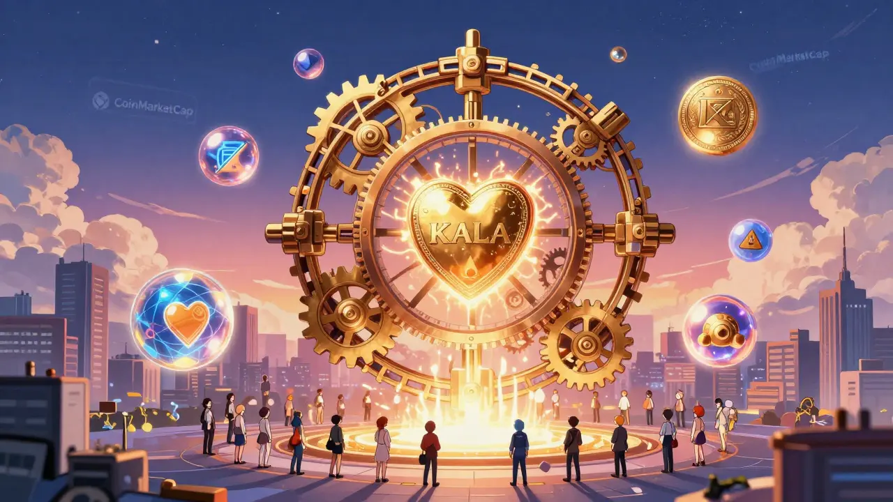 A glowing clockwork mechanism powers synthetic assets, with KALA token as its beating heart.