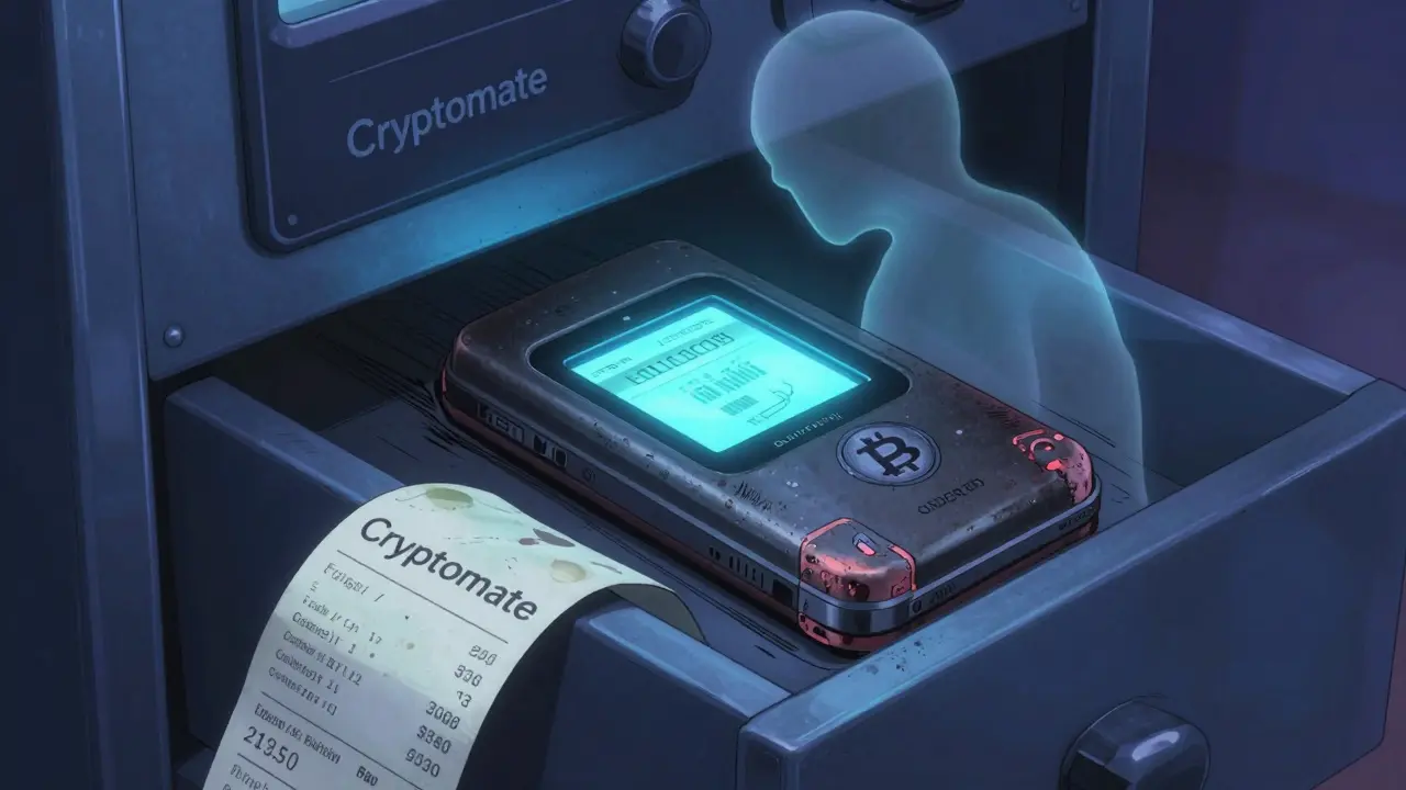 A hardware wallet being pulled from a drawer as a Cryptomate receipt fades away in the background.