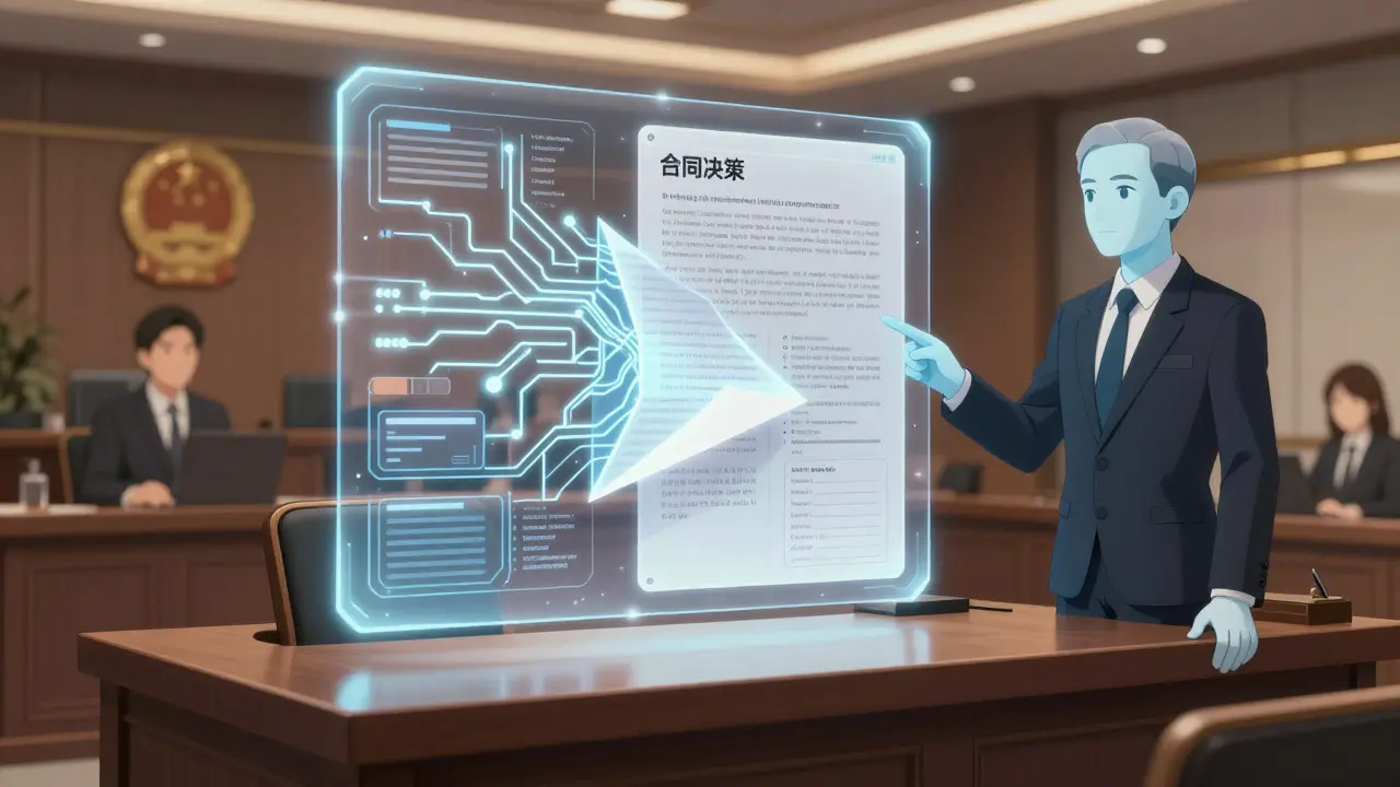 A judge reviewing an explainable AI contract decision log in a futuristic courtroom under MiCA regulations.