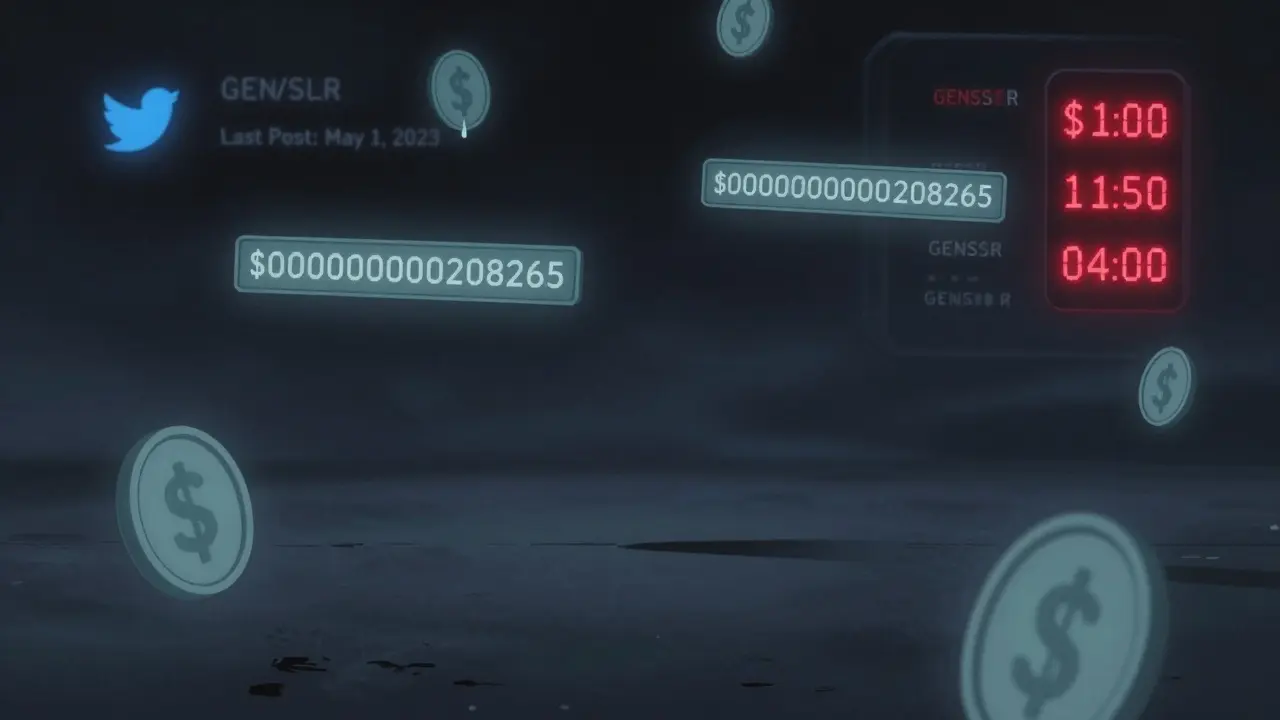 A lonely wallet surrounded by nearly worthless GENSLR tokens and rising gas fees in a fading digital landscape.