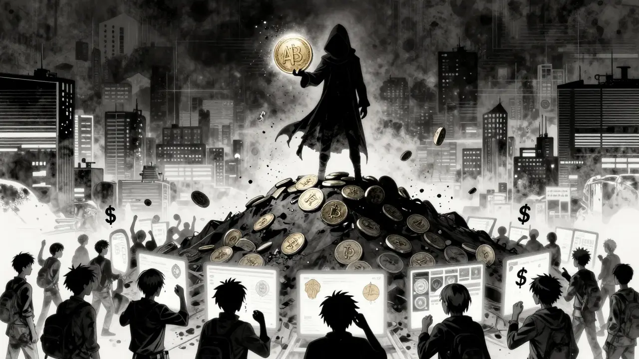 A shadowy figure holds a crumbling ABE token as a mountain of dead crypto coins lies below, with desperate traders in the distance.