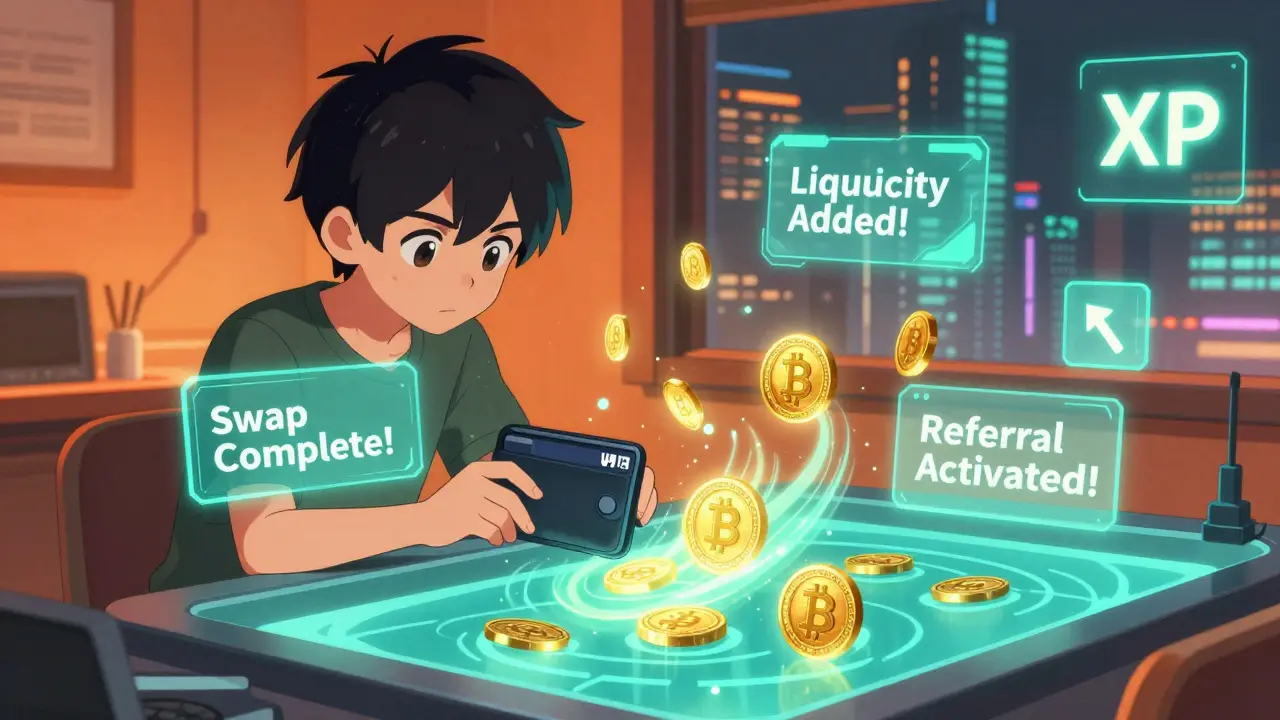 A user connecting a Unisat wallet on a glowing testnet dashboard with floating XP missions and tokens.