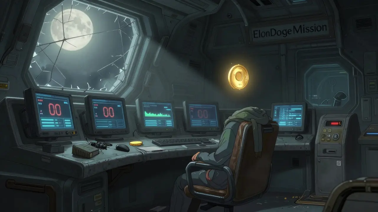 Abandoned control room with glowing EDOGE token hovering over an empty chair