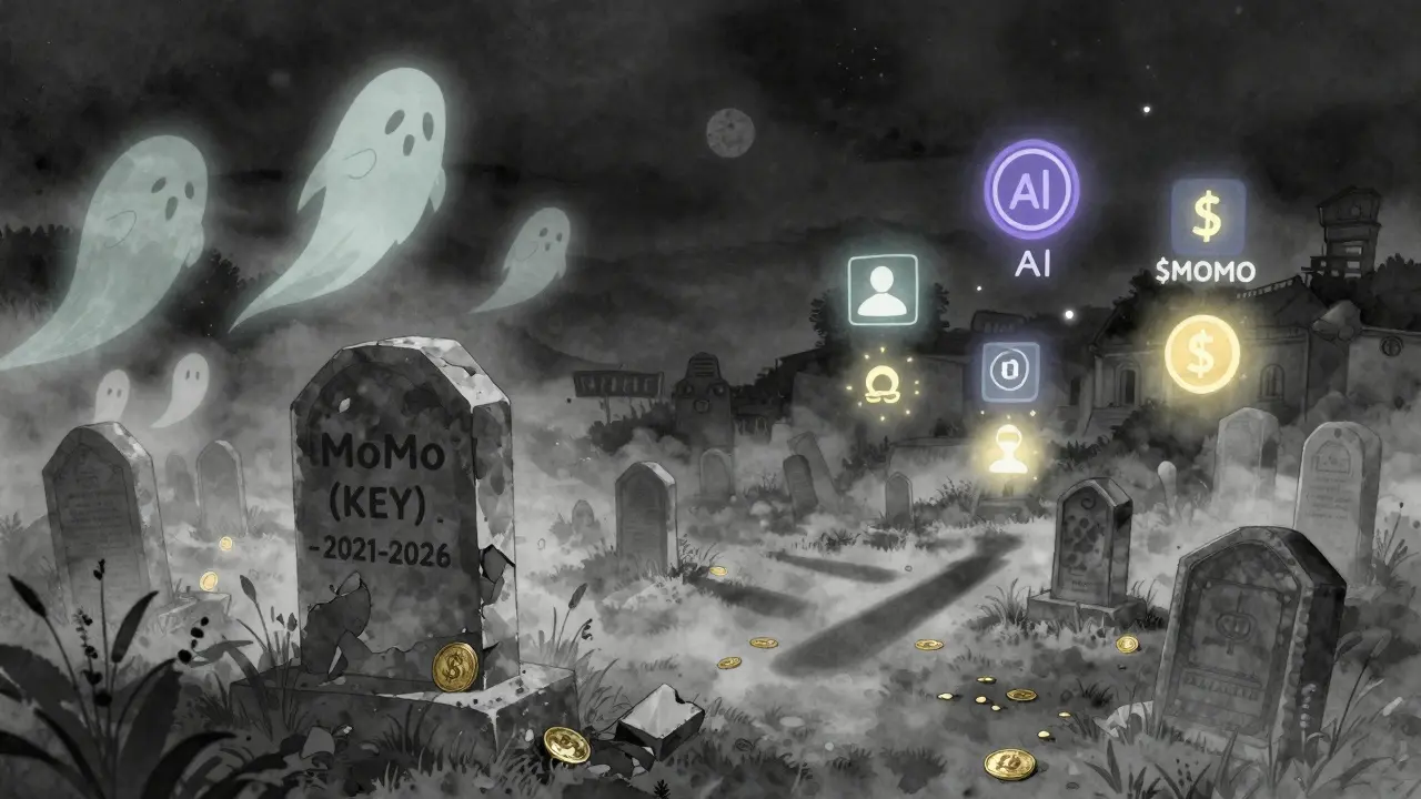 Abandoned MoMo KEY tombstone in a crypto graveyard, with other active tokens glowing afar.
