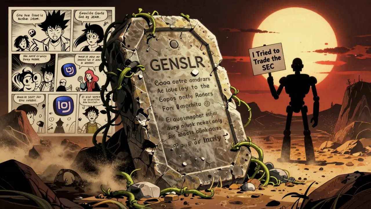 An ancient blockchain tablet covered in GENSLR memes, standing in a wasteland as a silent robot holds a protest sign.