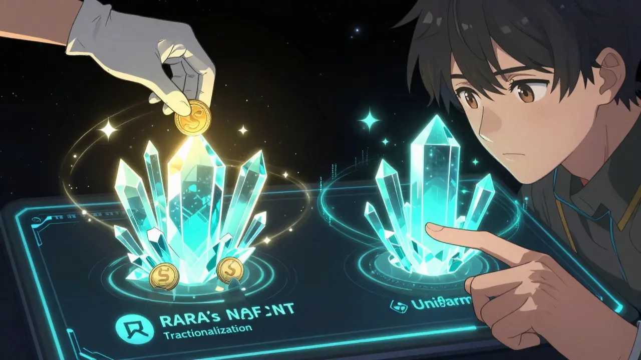 Anime illustration of a hand depositing SOL into two interlocking digital protocols: RARA and Unifarm.