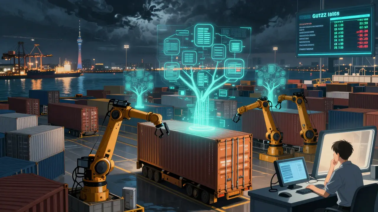 Autonomous AI rerouting cargo containers in a warehouse using real-time global logistics data.
