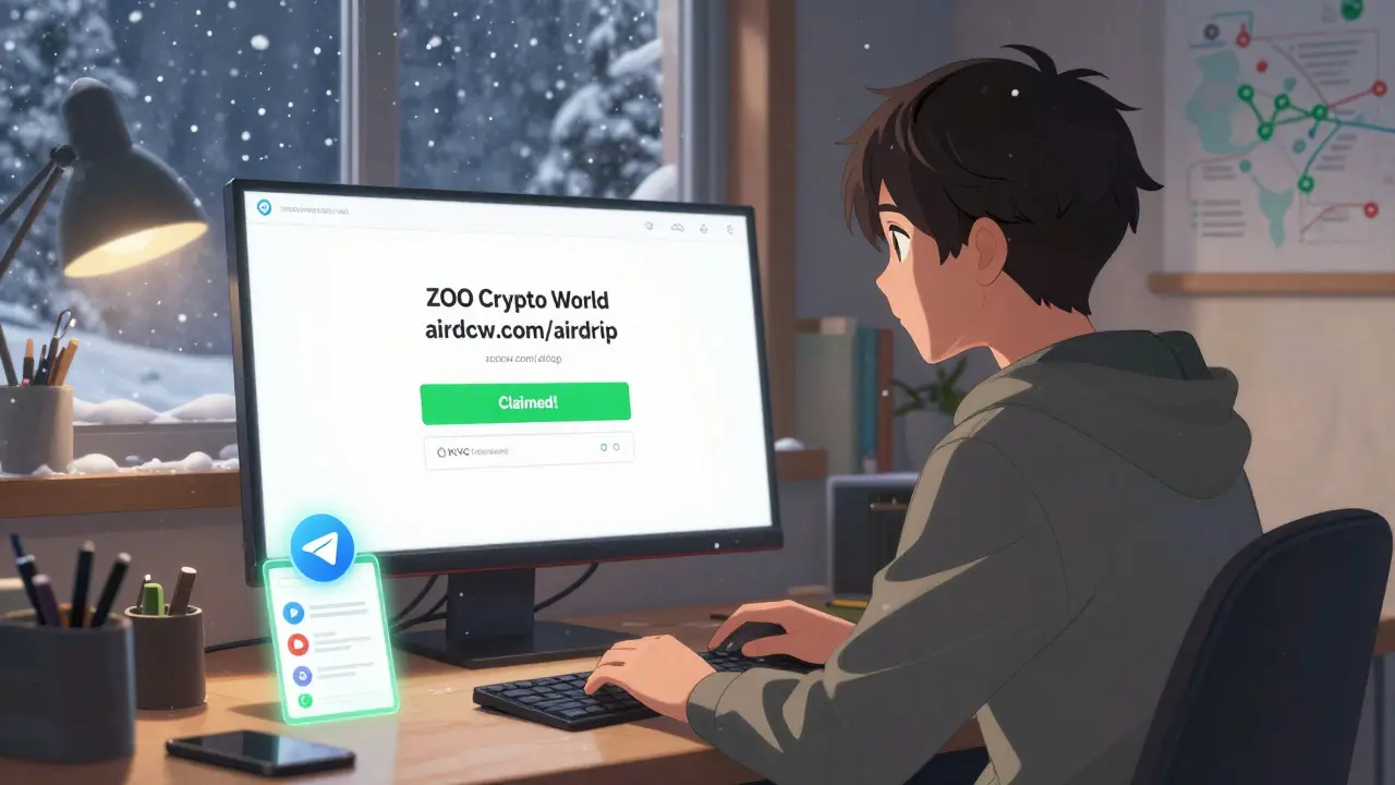 Character claiming ZOO tokens on a glowing airdrop portal with verified apps nearby.