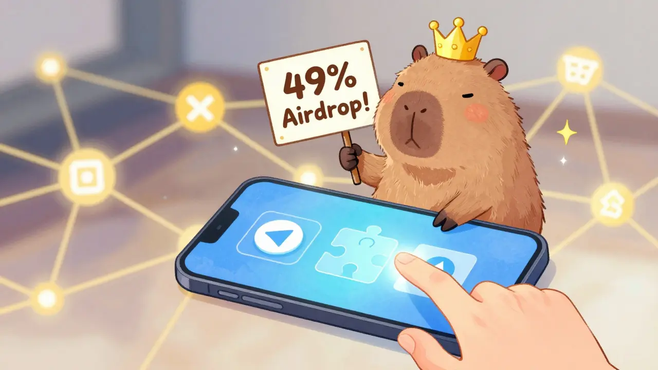 Close-up of a hand interacting with a Telegram bot game, showing daily tasks and a crowned capybara holding an airdrop sign.