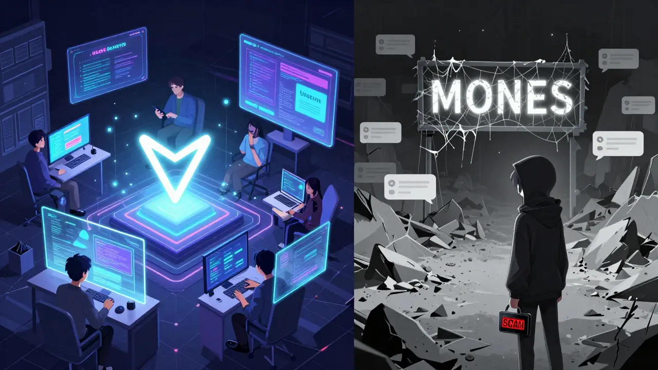 Contrasting anime scene: vibrant legitimate crypto ecosystem vs. crumbling wasteland with a faded 'MONES' sign.
