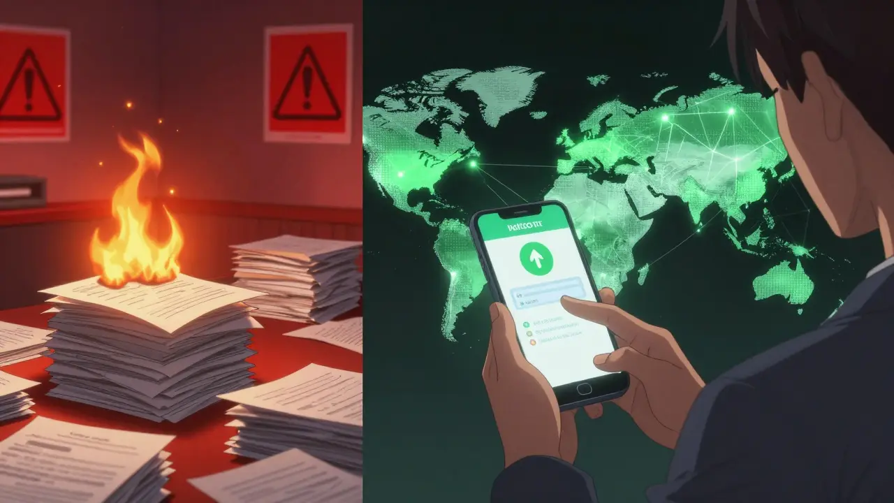 Contrasting scene: burning paperwork vs. a person verifying identity instantly with a smartphone and light network.