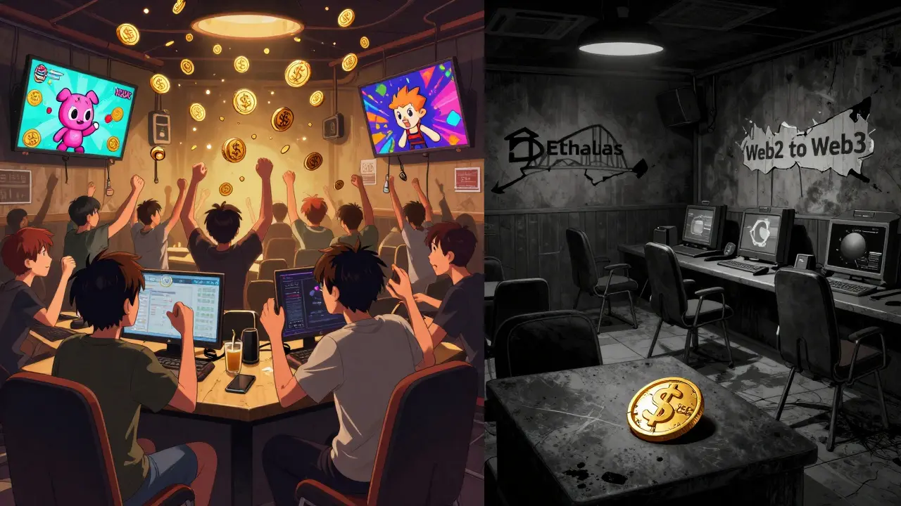 Contrasting scenes: lively Southeast Asian gaming cafe with $ELS rewards vs. empty Western lounge with a broken token.