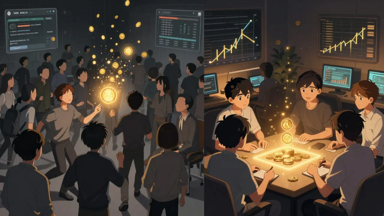 Contrasting scenes: users selling tokens in despair vs. a small group staking KALA with purpose.