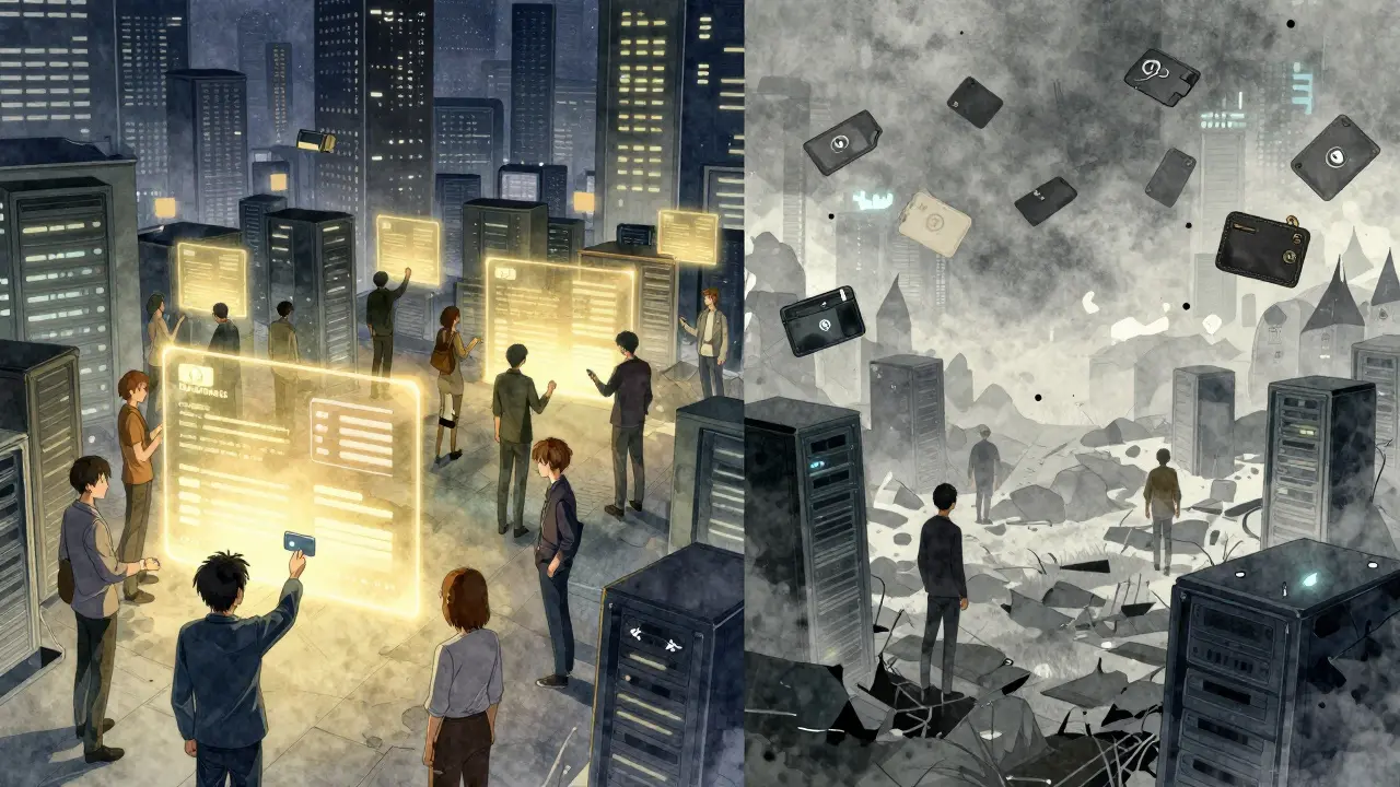 Contrasting vibrant credit-sharing hub and abandoned server graveyard in anime style.