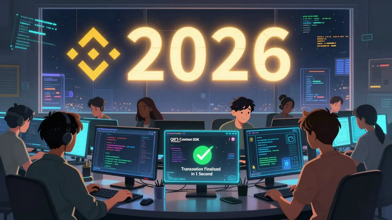 Developers coding on holograms as Binance countdown glows in the sky behind them.