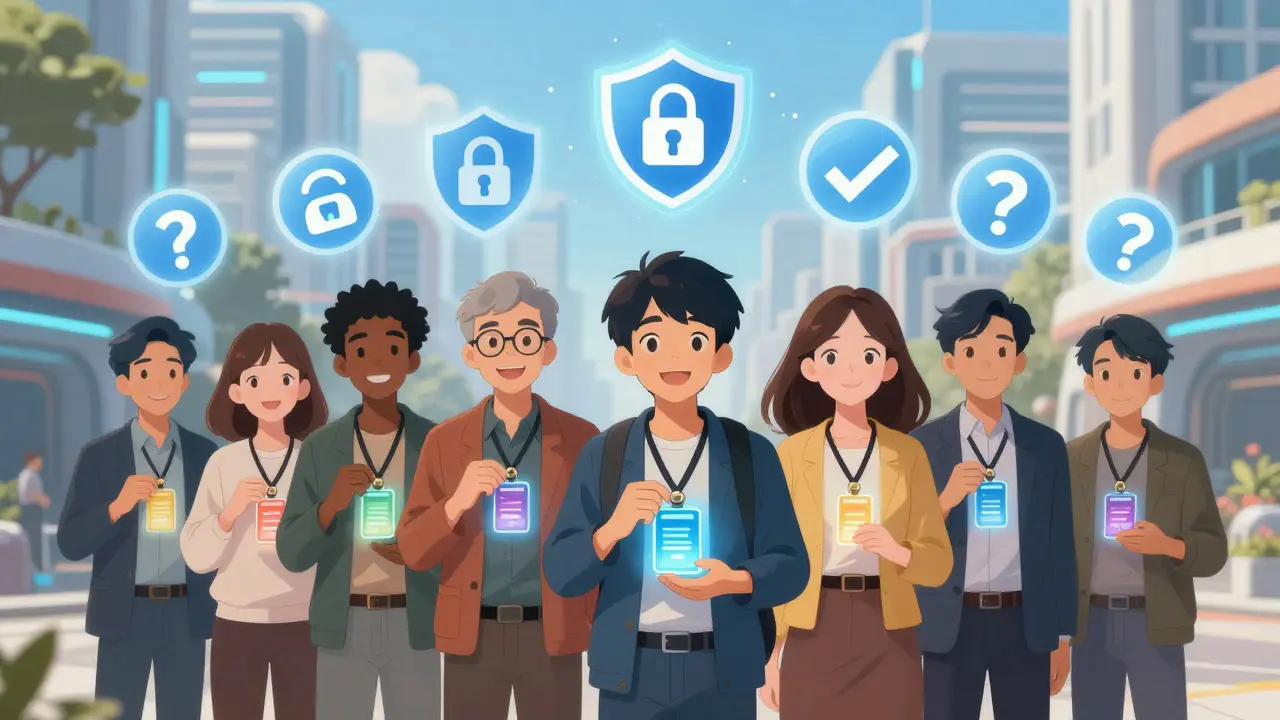 Diverse people in a futuristic city each holding personalized digital ID pendants with floating proof icons above them.
