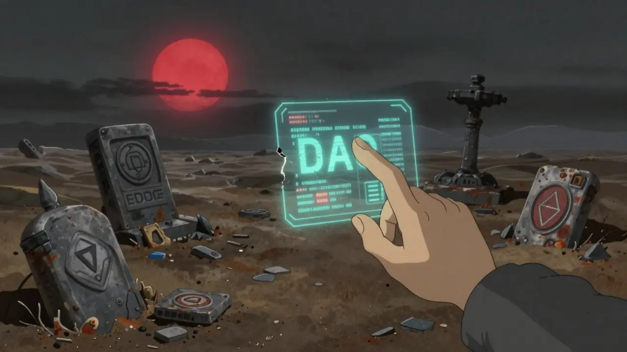 Faded crypto tokens scattered in a desolate digital graveyard under a red sun