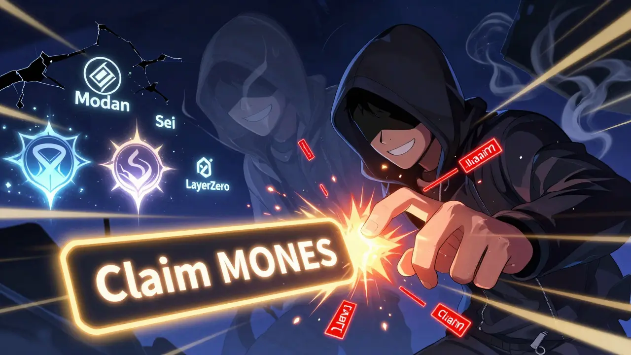 Hand clicking a scam button as red transaction spells explode, with real crypto projects shining in the distance.