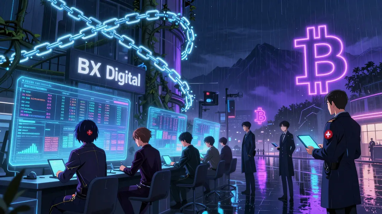 Nighttime DLT trading venue with holographic stock trades and glowing Ethereum chain, anime aesthetic.